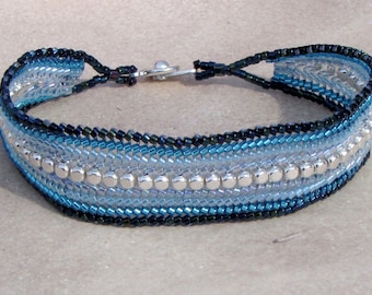 7.25 Inch Bead-Woven Blue Bracelet - Shades of Blue Cuff Style Bracelet - Flat Band Bracelet - Handmade