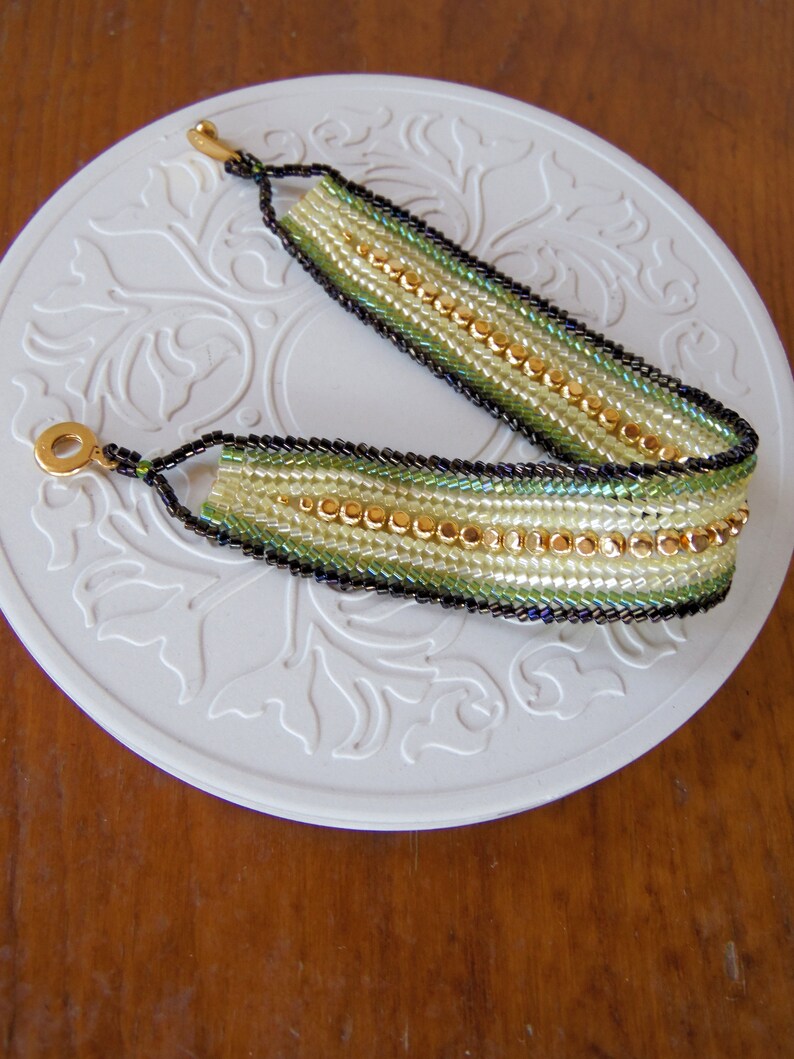 Yellow & Green Beadwork Bracelet 7 Inch Long Beaded Ombre Flat Band Seed Bead Bracelet Ready to Ship Women's Bracelet image 5