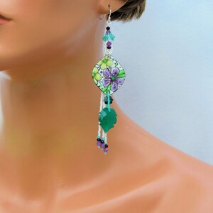 OOAK Flower Power Earrings 5 Long Boho Earrings Beaded Artisan Charm Earring Copper Enamel Earrings Green White Purple Floral image 2