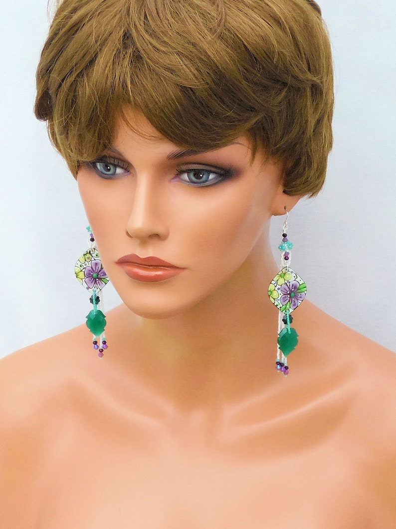 OOAK Flower Power Earrings 5 Long Boho Earrings Beaded Artisan Charm Earring Copper Enamel Earrings Green White Purple Floral image 6