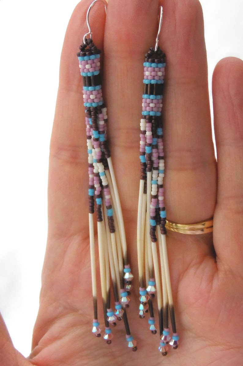 Cascading Mauve and Turquoise Quill Earrings Seed Bead Etsy