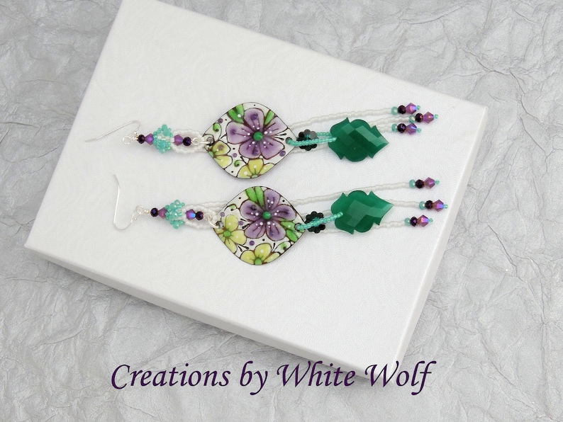 OOAK Flower Power Earrings 5 Long Boho Earrings Beaded Artisan Charm Earring Copper Enamel Earrings Green White Purple Floral image 1