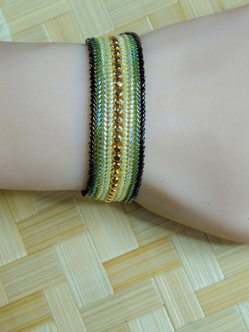 Yellow & Green Beadwork Bracelet 7 Inch Long Beaded Ombre Flat Band Seed Bead Bracelet Ready to Ship Women's Bracelet image 2