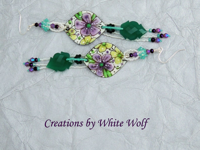 OOAK Flower Power Earrings 5 Long Boho Earrings Beaded Artisan Charm Earring Copper Enamel Earrings Green White Purple Floral image 7