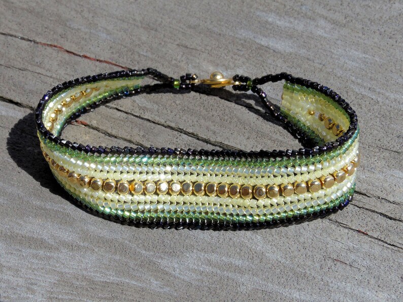 Yellow & Green Beadwork Bracelet 7 Inch Long Beaded Ombre Flat Band Seed Bead Bracelet Ready to Ship Women's Bracelet image 3