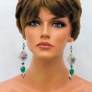 OOAK Flower Power Earrings 5 Long Boho Earrings Beaded Artisan Charm Earring Copper Enamel Earrings Green White Purple Floral image 9