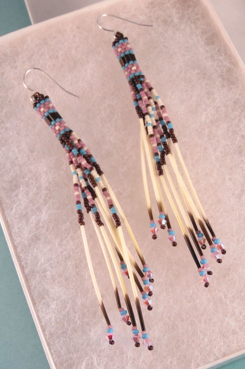 Cascading Mauve and Turquoise Quill Earrings Seed Bead Etsy