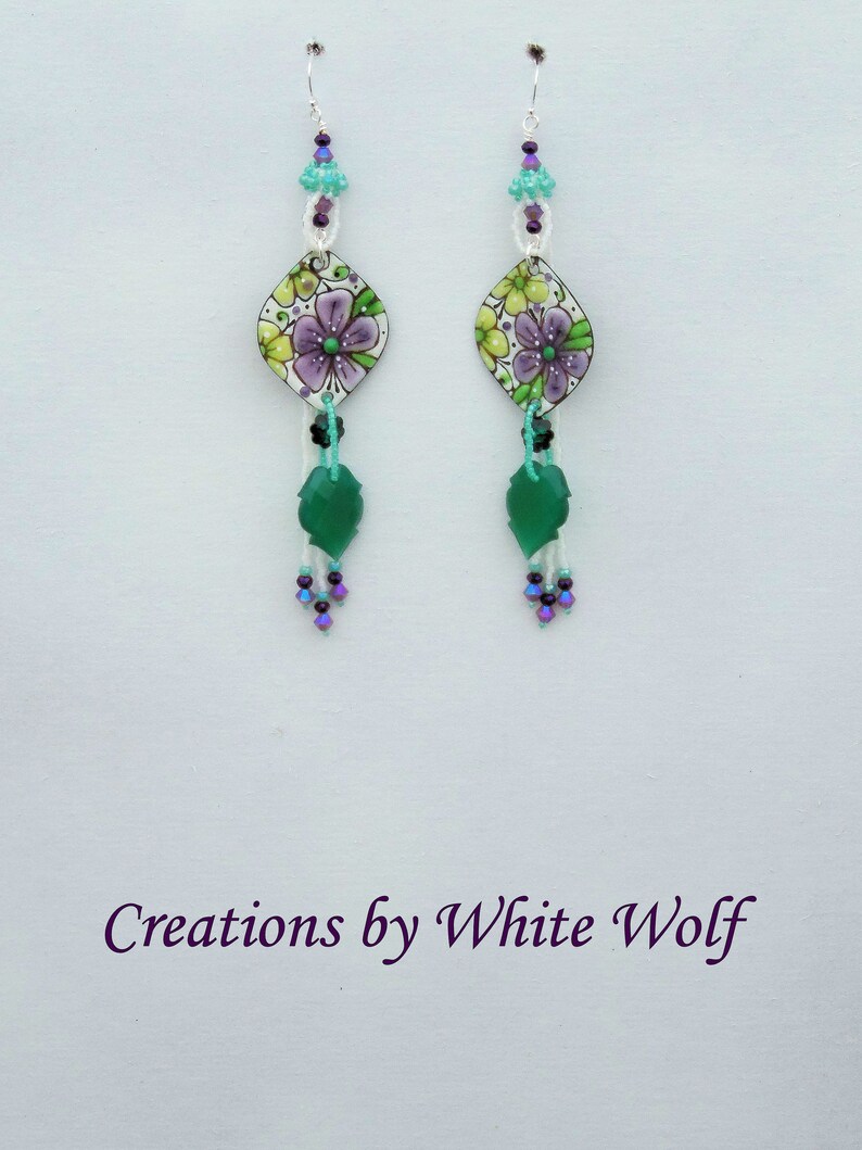 OOAK Flower Power Earrings 5 Long Boho Earrings Beaded Artisan Charm Earring Copper Enamel Earrings Green White Purple Floral image 4