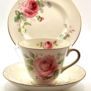 Royal Doulton &quot;June&quot; Trio: Pink Rose Bone China Teacup, Saucer & Plate