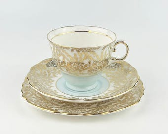 Vintage Colclough Tea Trio: Powder Blue & Gold Bone China, England 1950s