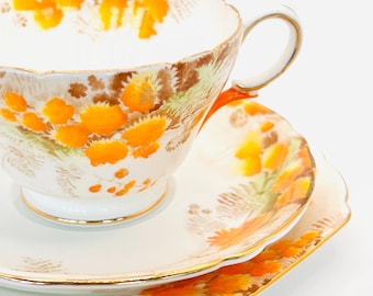 Vintage Shelley England Bone China Tea Trio-patroon 0238 Oranje bloemen vierkant bord