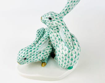 Herend Hungary Green Fishnet Double Rabbit Figurine 5332 VHV Eva Vastagh Porcelain 1996