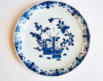 Antique Delftware Plate – Early 18th Century Dutch Blue Floral Earthenware