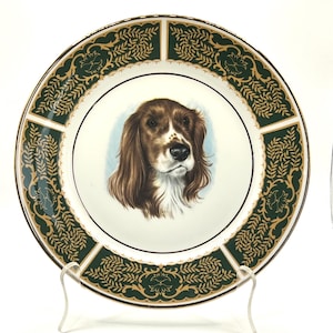 May include: A decorative plate with a dog portrait at the centre. The plate has a white background with a green and gold patterned border. The plate is displayed on a clear stand.