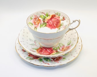 Paragon “Harvest Roses” Trio – Vintage English Bone China Teacup, Saucer & Plate (1957–1962) – Rose Chintz Floral, Gold Trim