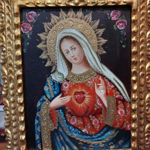 Virgen corazón de María con marco pan de oro.