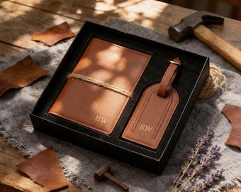 Personalized Passport Holder & Luggage Tag Set, Custom Leather Passport Cover, Travel Gifts