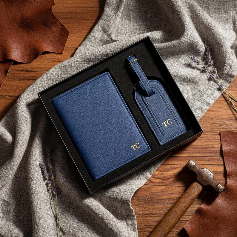 May include: A navy blue leather travel set, including a passport holder and luggage tag, presented in a black gift box. Both items are embossed with the gold initials "TC". The set is displayed on a wooden surface with leather accents.