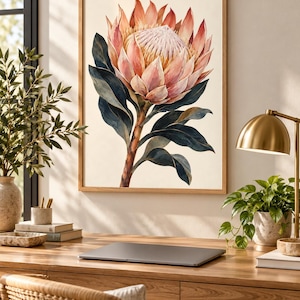Puede incluir: Una lámina de arte mural enmarcada que presenta una gran ilustración detallada de una flor de protea rosa y melocotón con hojas de color azul verdoso oscuro. La obra está sobre un fondo crema claro en un marco de madera sencillo.