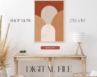 Set di 3 stampe da parete Boho, sole e luna, decorazioni astratte neutre nei toni della terra, galleria murale per camera da letto in stile moderno di metà secolo, download digitale