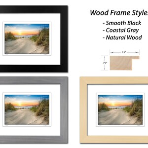 May include: Three picture frames with a beach scene inside. The frames are 1.5 inches wide and .75 inches tall. The frames are black, gray, and natural wood.