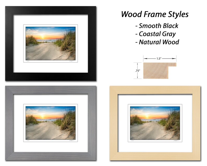 May include: Three picture frames with a beach scene inside. The frames are 1.5 inches wide and .75 inches tall. The frames are black, gray, and natural wood.