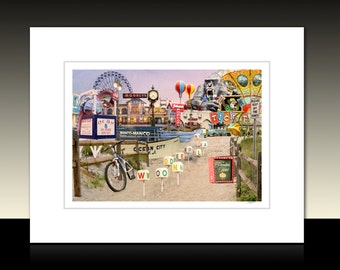 Ocean City New Jersey Photography Collage Matted Print,  Amusement Rides, Boardwalk, Historic OCNJ, Ready for framing or framed