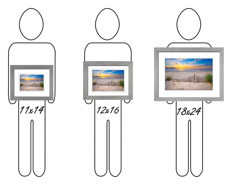 May include: Three different sizes of framed artwork, showing a beach scene with a wooden fence and a sunrise. The frames are gray and the artwork is printed on paper. The sizes are 11x14 inches, 12x16 inches, and 18x24 inches.