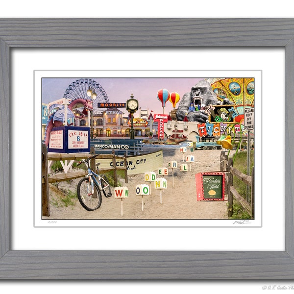 Framed Matted Ocean City Boardwalk Collage Photography Art, New Jersey Beach,Comes Ready to Hang, Wall Decor