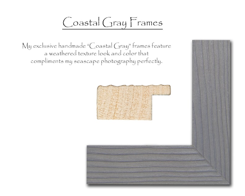May include: A close-up of a gray wood picture frame with a weathered texture. The frame is made of wood and has a light gray finish. The frame is shown in a corner view.
