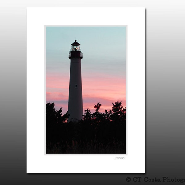 Sunset Lighthouse, Cape May Point Lighthouse Signed Matted Print, Ready for a 5x7 inch frame