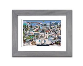 May include: A framed art print featuring a detailed collage of Cape May landmarks, including a lighthouse, beach scenes, and various signs. The artwork is encased in a textured gray wooden frame with a white mat, showcasing a vibrant coastal town.