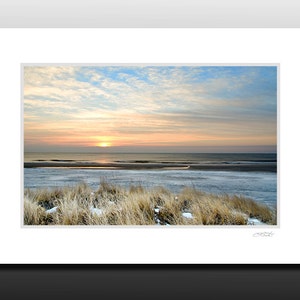 Beach wall art, Winter Beach Sunrise, blue, brown, Signed Matted Print, Ready for framing image 1