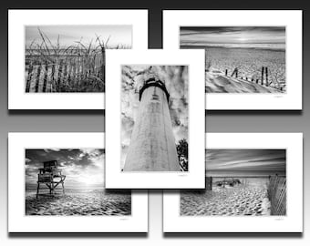 Fenwick Island Collection, Set of Five Black and White Beach Matted prints, Nautical decor, each fit a 5x7 inch frame