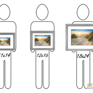 May include: Three different sizes of framed photographs, showing a beach scene with a sunset. The frames are silver and the photos are printed on matte paper. The sizes are 11x14 inches, 12x16 inches, and 18x24 inches.