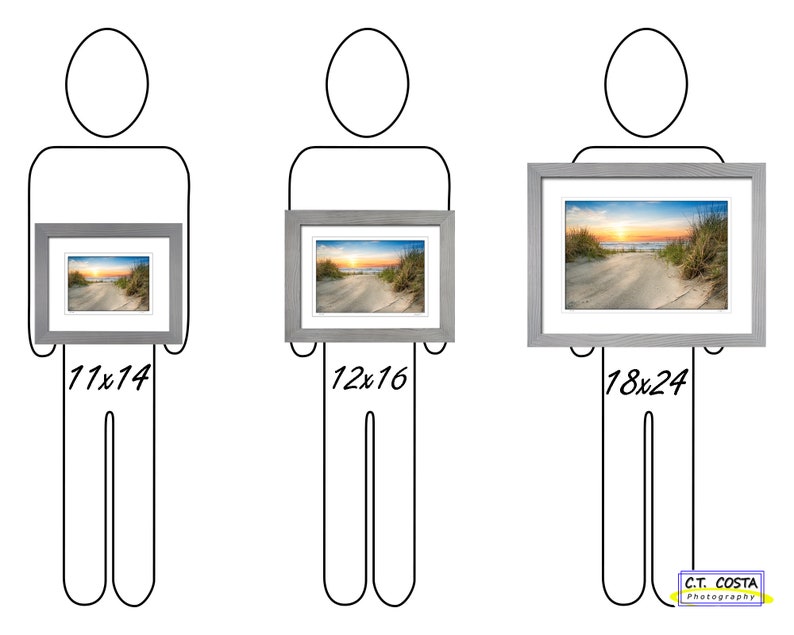 May include: Three different sizes of framed photographs, showing a beach scene with a sunset. The frames are silver and the photos are printed on matte paper. The sizes are 11x14 inches, 12x16 inches, and 18x24 inches.
