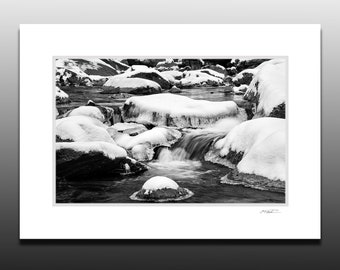 Winter-Themed Photography, Snow and Ice picture, Frozen Creek Art, Black and White Art, Small Art Gifts, Matted Print Fits 5x7 inch Frame
