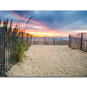 Beach Sunrise Print, Beach Path, Footprints, Atlantic Coast Ocean Sunrise, Rehoboth Beach Delaware Fine Art, Blue,Orange, Seaside Art