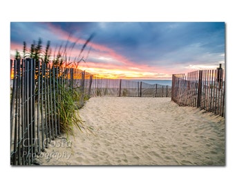 Beach Sunrise Print, Beach Path, Footprints, Atlantic Coast Ocean Sunrise, Rehoboth Beach Delaware Fine Art, Blue,Orange, Seaside Art