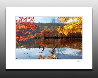 Autumn Themed Lake Photography, Fall Colors, Small Art Gifts, Small Matted Print Fits 5x7 inch Frame