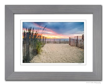 Framed Matted Beach Art, Sunrise Shore Photos, Ocean Sand Fence, Rehoboth Beach Ready to Hang Wall Decor