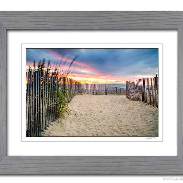 Framed Matted Beach Art, Sunrise Shore Photos, Ocean Sand Fence, Rehoboth Beach Ready to Hang Wall Decor