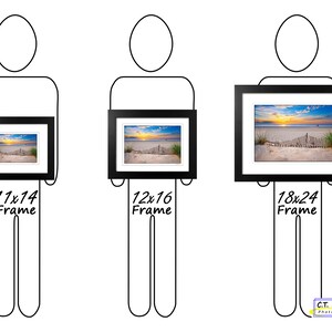 May include: Three black picture frames of different sizes, 11x14 inches, 12x16 inches, and 18x24 inches, are held by three people. The frames are all black with a white mat and a picture of a beach scene inside.