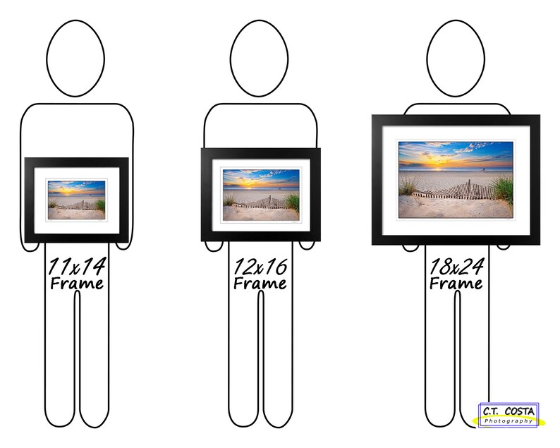 May include: Three black picture frames of different sizes, 11x14 inches, 12x16 inches, and 18x24 inches, are held by three people. The frames are all black with a white mat and a picture of a beach scene inside.