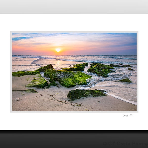Beach Jetty Rocks Sunrise Picture from Long Beach Island, Harvey Cedars Small Wall Art Fits 5x7 inch Frame