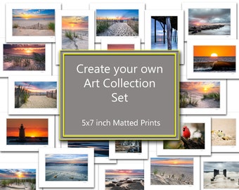 Create your own Art Collection Sets, 5x7 Matted Nature Photography Prints, Beach, Woodland, Birds, Black and White