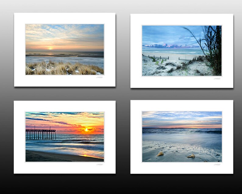 Beach Sunrise Collection, Set of four small matted prints, Blue decor, each fit a 5x7 inch frame, Buy as a set and save image 1