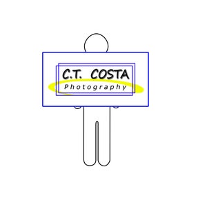 May include: A stick figure holding a sign that says "C.T. COSTA Photography" in black text with a yellow oval behind the text.