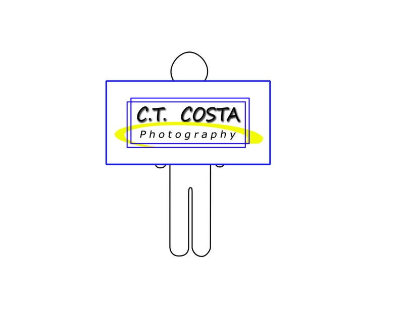 May include: A stick figure holding a sign that says "C.T. COSTA Photography" in black text with a yellow oval behind the text.