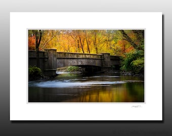 Autumn Bridge Photography, Vibrant Fall Colors, Pennsylvania Pictures, Small Art Gifts, Small Matted Print Fits 5x7 inch Frame